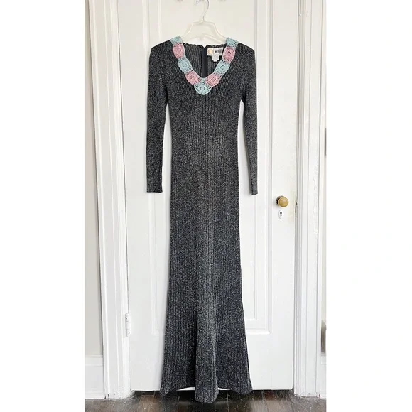 vintage • 1970s Wenjilli lurex maxi dress gown ribbed knit metallic sparkle 70s - Picture 2 of 11